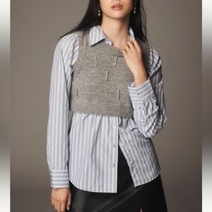 Anthropologie Blue and White Striped Button Down Shirt with Gray Knit Overlay